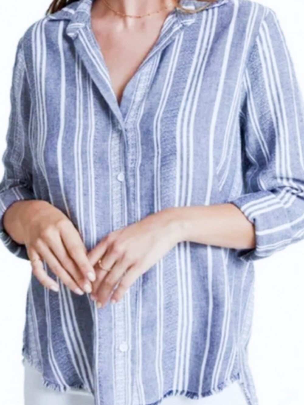 🌼 Bella Dahl blue + white stripe button up shirt with fringe bottom